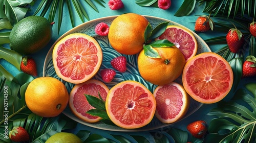 A platter of exotic fruits on a vibrant tropical background with palm leaves