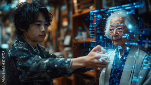 young Japanese businessman shaking hands with an elderly businesswoman in a hightech office surrounded by modern devices and holographic displays dressed formally
