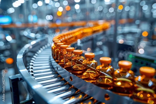 State-of-the-art contemporary pharmaceutical plant producing medicine vials on a conveyer belt with orange lids for a vaccination production facility.