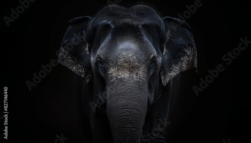 A close up of an elephant's face on black background