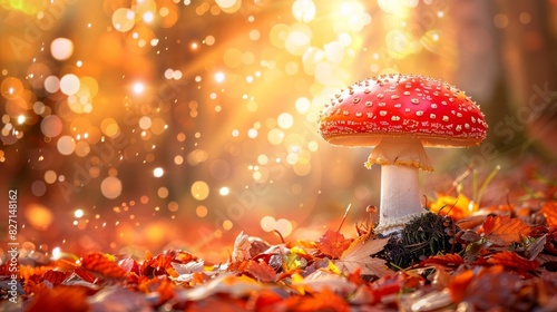 A red mushroom atop a leafy mound in a forest, surrounded by numerous yellow and red leaves above green grass, with yellow foliage strewn beneath