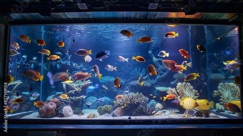 An underwater-themed film festival features a screen in an aquarium with illuminated fish, creating magic.
