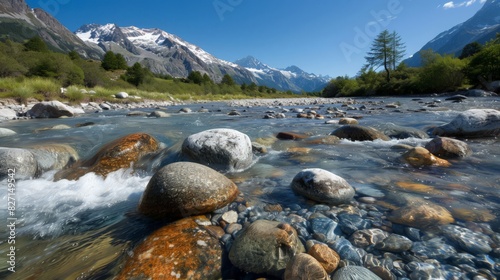 Bubbling and clear, the waters of a mountain river make their way over large stones, originating from a glacier