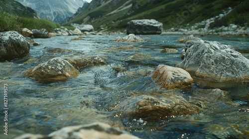 Bubbling and clear, the waters of a mountain river make their way over large stones, originating from a glacier