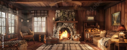 Cozy cabin interior with a roaring fireplace, warm wood tones, inviting and comfortable, ideal for a rustic retreat