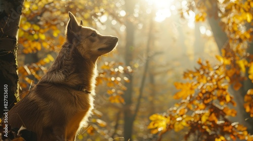  A dog sits in the woodland, gazing up at a tree with its head tilted to the side Sunlight filters through the trees and falls upon the leaf-strewn ground