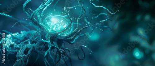 Craft a digital artwork of a close-up shot of an otherworldly alien plant, with bioluminescent tendrils twisting in a dark, mysterious atmosphere