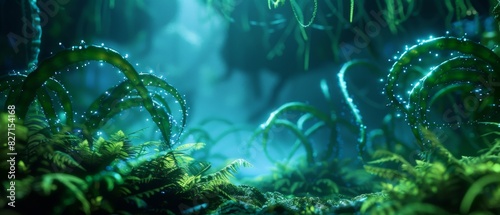 Craft a digital artwork of a close-up shot of an otherworldly alien plant, with bioluminescent tendrils twisting in a dark, mysterious atmosphere