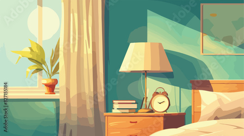 Stylish lamp magazine and alarm clock on bedside table