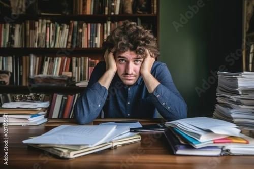 overstressed young man studying from home, covering face with his hands