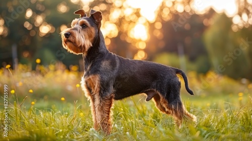  A small dog, brown and black in color, stands atop a verdant green field Nearby, another expanse of green flourishes, adorned with yellow flowers and golden grass