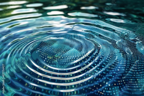 Craft a high-angle view of tranquil water ripples interwoven with vibrant data points, ideal for showcasing cutting-edge environmental technology