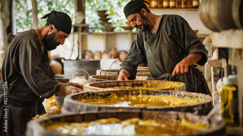 Orthodox monks working in a traditional olive oil workshop