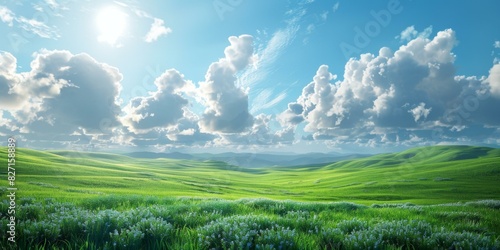 Green rolling hills under blue sky and white clouds