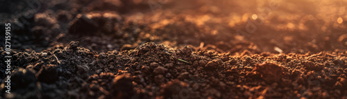 Side view close-up of fertile garden soil, showcasing different textures and layers, illuminated by soft morning light, sharp and clear focus, realistic and inviting