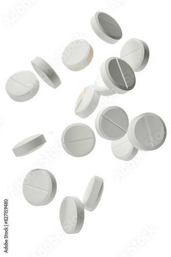 Falling Pills isolated on white background, clipping path, full depth of field