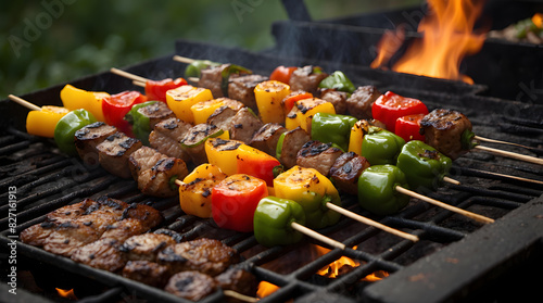 grillowany szaszłyk kebab, soczyste mięso i kolorowe warzywa. Kebab nad grillem węglowym z widocznymi w tle płomieniami, dym. jasnoczerwone, żółta i zielona papryka świeże zioła, kolendra, soczyste, 
