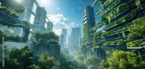 Design a captivating futuristic cityscape where towering skyscrapers are overtaken by vibrant greenery