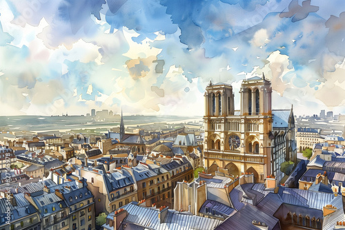 In this watercolor illustration, the beautiful view of Paris includes the Notre-Dame Cathedral, standing proudly amidst the city's rooftops