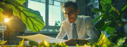 Businessman planning for green business strategy in office with paper documents focused on eco-friendly and energy sustainable policy to reduce CO2 emission for green environment