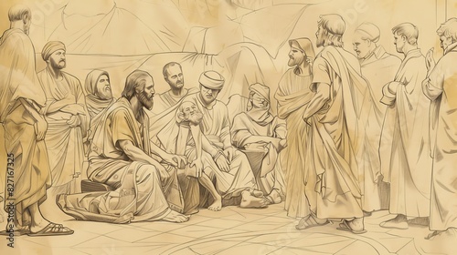 Biblical Illustration of Healing of Gerasene Demoniac, Freed Man Sitting Calmly at Jesus Feet, Townspeople Amazed, Beige Background, Copyspace
