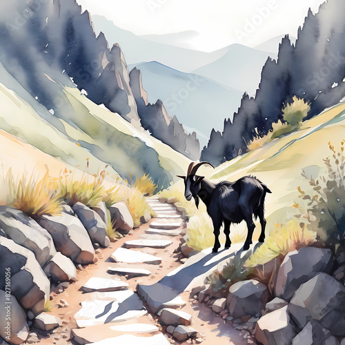 Black goat on the path in the mountain watercolor style