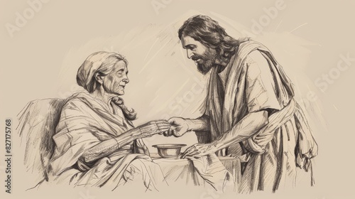 Biblical Illustration of Jesus Healing Peter’s Mother-in-law of Fever, She Serves Them, Beige Background, Copyspace