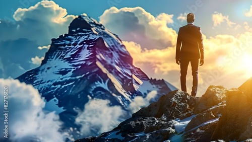 A determined businessman in a suit conquers a challenging mountain peak. Concept Success, Business, Mountain Climbing, Determination, Achievement