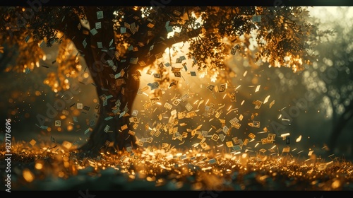Surreal image of money falling from a tree. Golden autumn leaves falling from a tree in a magical, sunlit forest, evoking a serene and enchanting atmosphere.
