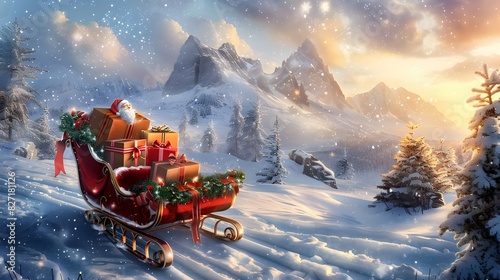 Position a festive sleigh filled with beautifully wrapped presents in the snowy landscape, ready for Santa's arrival.