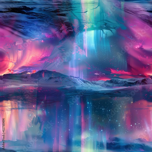 Artistic rendering of the vibrant aurora borealis, enhanced with surreal elements to evoke a sense of wonder and magic in creative projects