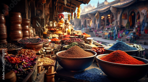 A high dynamic range photo of a bustling exotic market, with vibrant colors of spices, textiles, and crafts, capturing the essence of local culture as a travel backdrop.