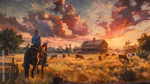 A cowboy rides a horse across a field during sunset, approaching a rustic farmhouse with grazing cattle in the background.