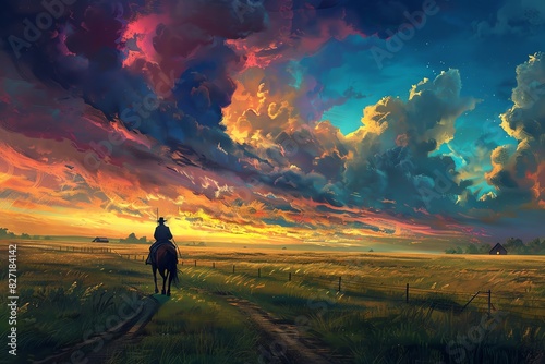 A lone rider on horseback travels a dirt path under a dramatic, colorful sky at sunset, capturing the essence of freedom and adventure.