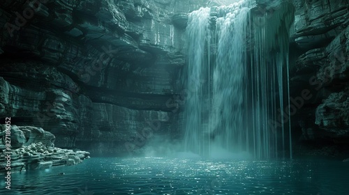 A gentle waterfall in a cave, where ambient occlusion emphasizes the subtle shifts in light across the cave walls and water surface, Close up