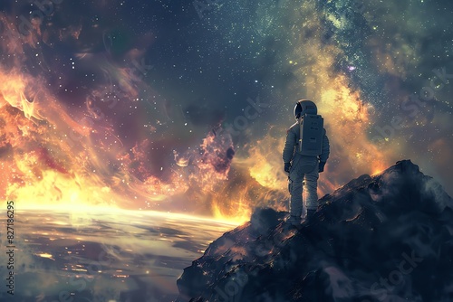 Astronaut standing on a cliff gazing at a colorful cosmic landscape filled with stars and nebulae, symbolizing exploration and adventure.