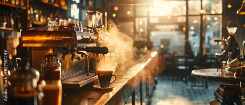 Cozy coffee shop interior with warm lighting and steam rising from a freshly brewed cup of coffee on the bar counter.
