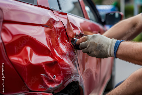 Closeup photo of a skilled technician meticulously fixing a dent on a red car's surface outdoors, showcasing precision and expertise