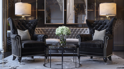 traditional black wingback chairs featuring silver railhead trim, adding a touch of elegance