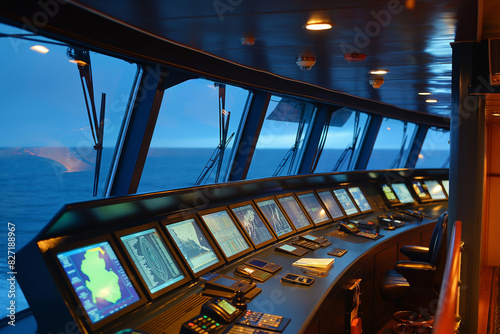 Illuminated bridge of a sea cruise ship overlooking the ocean horizon at twilight, showcasing a range of navigational equipment