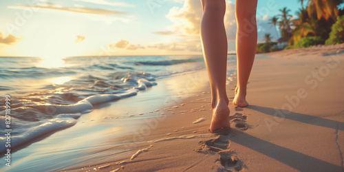 Beautiful woman's legs walking and relaxing at the beach, footprints in the sand, evening, back view