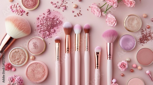 Illustrate a serene arrangement of makeup brushes with bristles like silk and pastel palettes filled with dreamy eyeshadows and blushes Vibrant, yet delicately soft