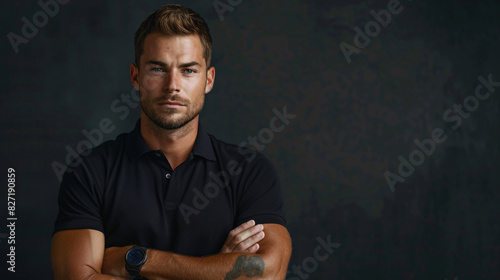 Adult thirties male bodyguard in black polo shirt, posing confidently on a plain backdrop