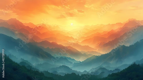 A serene mountain range bathed in the soft, warm light of sunrise with hues of orange and yellow