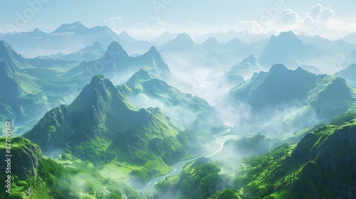 A mountain valley with a river and fog under a clear sky