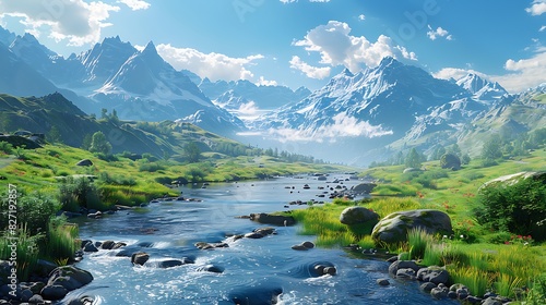 A mountain valley with a river and a clear blue sky