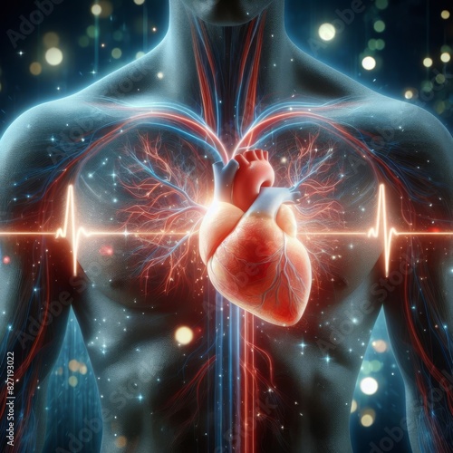 An illustration of human anatomy focusing on the cardiovascular system, highlighted with glowing effects.