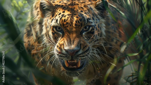 A fierce jaguar emerges from the jungle, its eyes narrowed and its teeth bared. It is a powerful and dangerous predator, and it is not to be trifled with.