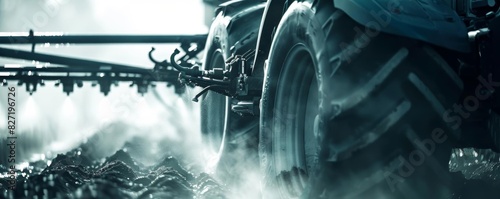 Closeup of a tractor nozzle spraying pesticides