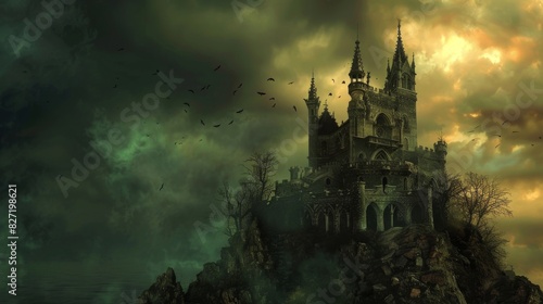 Mystical castle on a hill, dark and enchanting, ideal for a fantasythemed decor